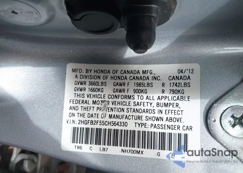 2012 Honda Civic Lx из США, поврежденный, VIN 2HGFB2F55CH564330